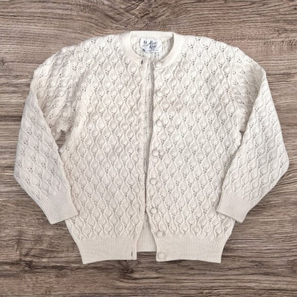 ALICE KAYE Vintage 60s/70s Cream 100% Wool Knit Cardigan Sweater - Picture 1 of 4